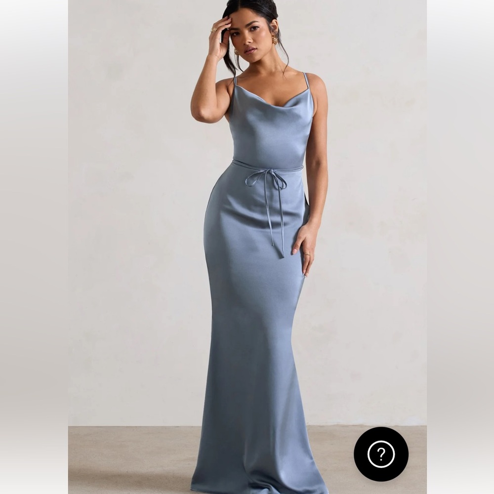 SLATE BLUE SATIN COWL NECK MAXI DRESS WITH CROSS BACK DETAIL